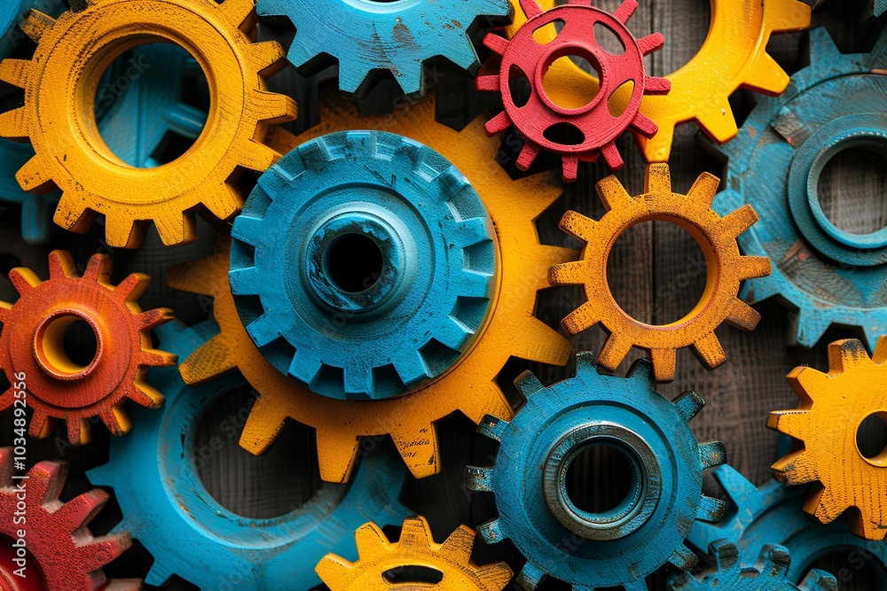 A close up of a bunch of colorful gears