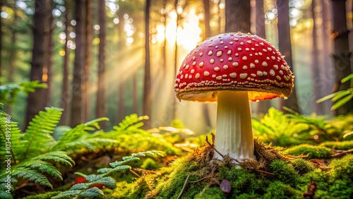 A single red and white mushroom illuminated by the morning sun in a lush green forest