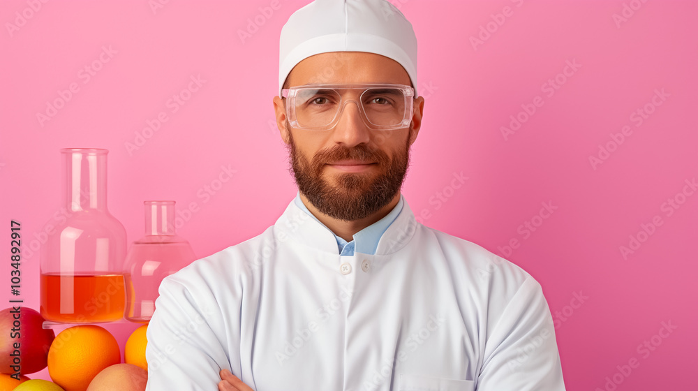 A scientist stands with arms crossed, wearing protective glasses and a lab coat, against a vibrant pink backdrop with fruits and glassware nearby, showcasing a fusion of science and nutrition A scientist stands with arms crossed, wearing protective glasses and a lab coat, against a vibrant pink backdrop with fruits and glassware nearby, showcasing a fusion of science and nutrition