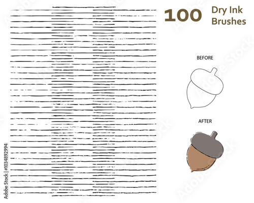 Set of 100 dry ink art brushes with unique texture for poster lettering, typography, text, font making, story book, animation/illustration. Compatible with Adobe Illustrator CS6 and above.