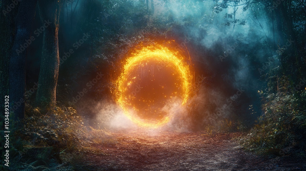Glowing portal in a mystical forest surrounded by ethereal smoke and light perfect for fantasy themes Glowing portal in a mystical forest surrounded by ethereal smoke and light perfect for fantasy themes