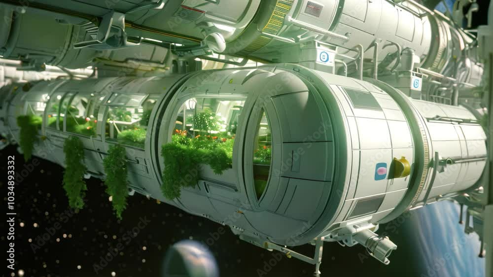 A futuristic space station features plants growing out of its structure, creating a unique and vibrant scene, A space station with bio-engineered food production systems A futuristic space station features plants growing out of its structure, creating a unique and vibrant scene, A space station with bio-engineered food production systems