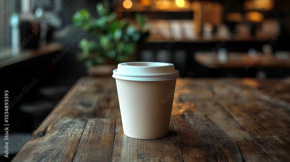 A stylish white opaque paper cup filled with freshly brewed coffee placed on a rustic wooden table, capturing a cozy and inviting atmosphere perfect for coffee lovers and café enthusiasts. A stylish white opaque paper cup filled with freshly brewed coffee placed on a rustic wooden table, capturing a cozy and inviting atmosphere perfect for coffee lovers and café enthusiasts.