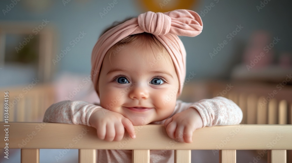 Adorable baby girl smiling while leaning on crib
Adorable baby girl smiling while leaning on crib