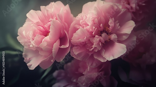 Close up of pink peonies with a soft focus and a dark toned film effect