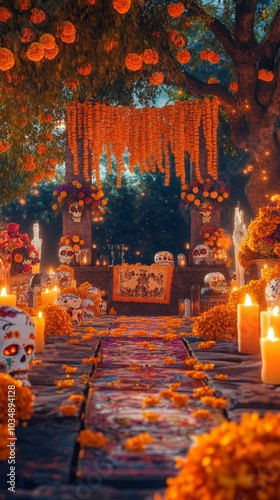 Create a vibrant and authentic portrayal of DÃ­a de los Muertos, featuring colorful altars adorned with marigolds, candles, and sugar skulls, capturing the festive yet deeply spiritual atmosphere 