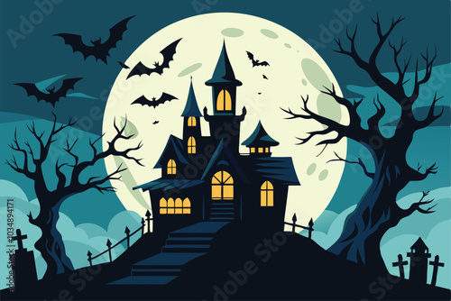 A halloween house with bats and a full moon - Generative AI