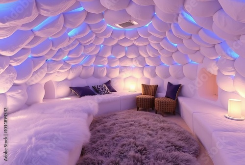 Arctic Igloo Dome shaped walls faux fur rugs and cool blue light