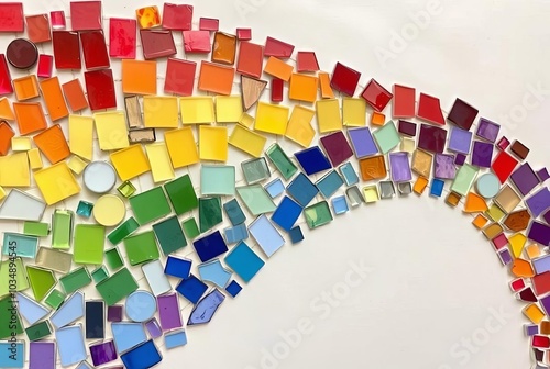 Artworks composed of small colored pieces like tiles or glass ar