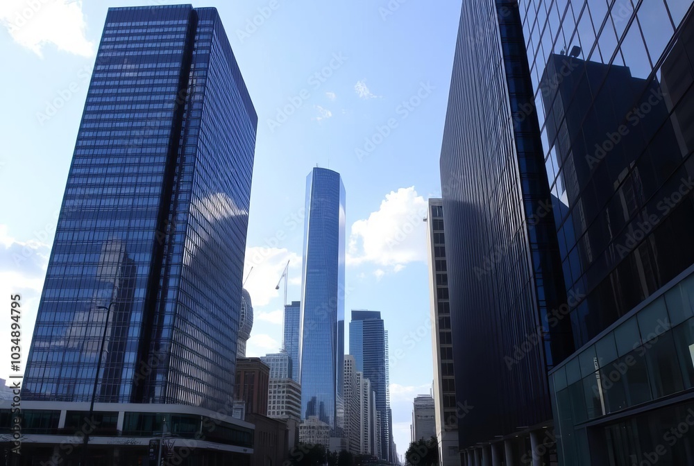 City Skyscrapers A view of tall skyscrapers with reflective wind City Skyscrapers A view of tall skyscrapers with reflective wind