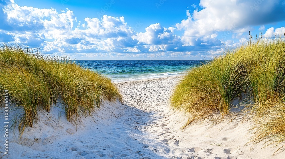 Serene Beach Pathway with Blue Sky and Clouds