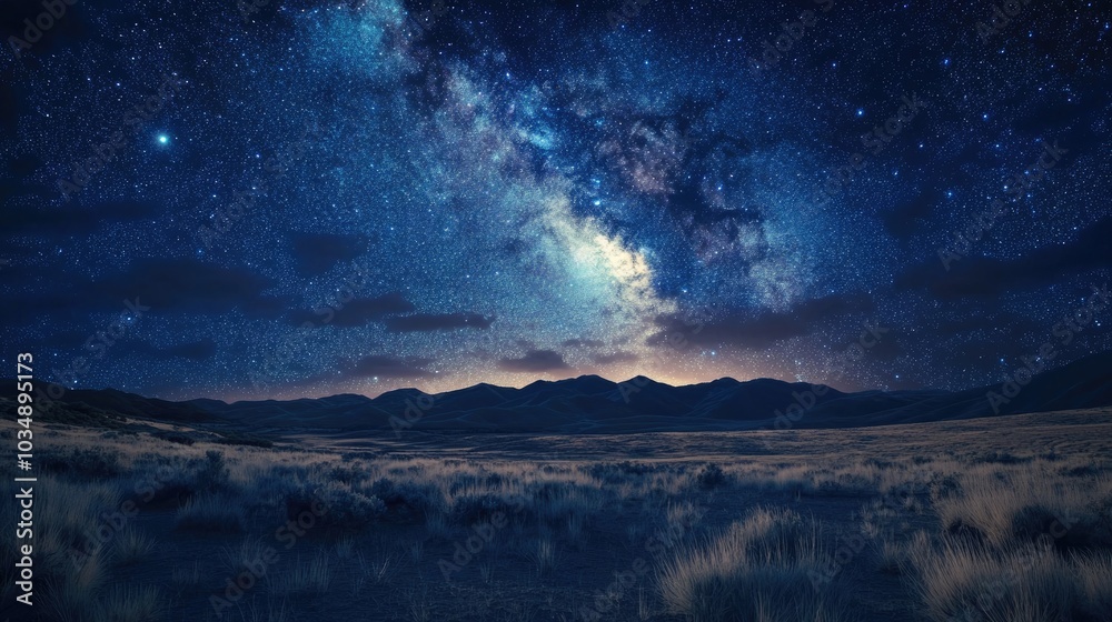 Vast Starry Night Sky over a Captivating Open Landscape with the Milky Way Galaxy Creating a Stunning Backdrop Filled with Endless Possibilities