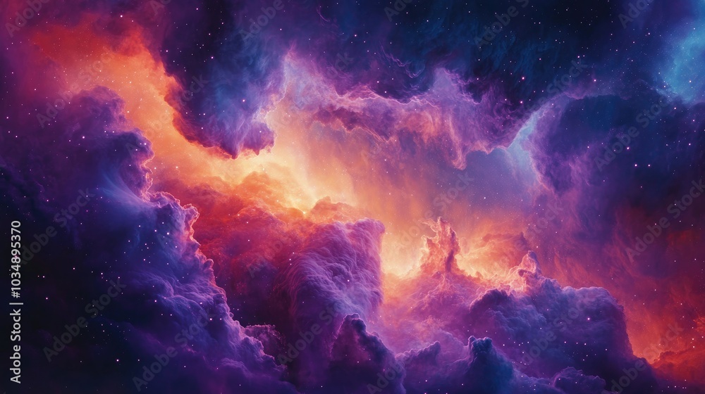 Vibrant clouds of a mesmerizing nebula flow through the vastness of space Vibrant clouds of a mesmerizing nebula flow through the vastness of space