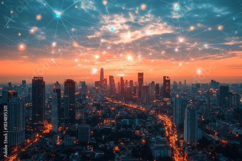 A panoramic view of a modern city skyline at sunset with a network of glowing lines and dots connecting the buildings.