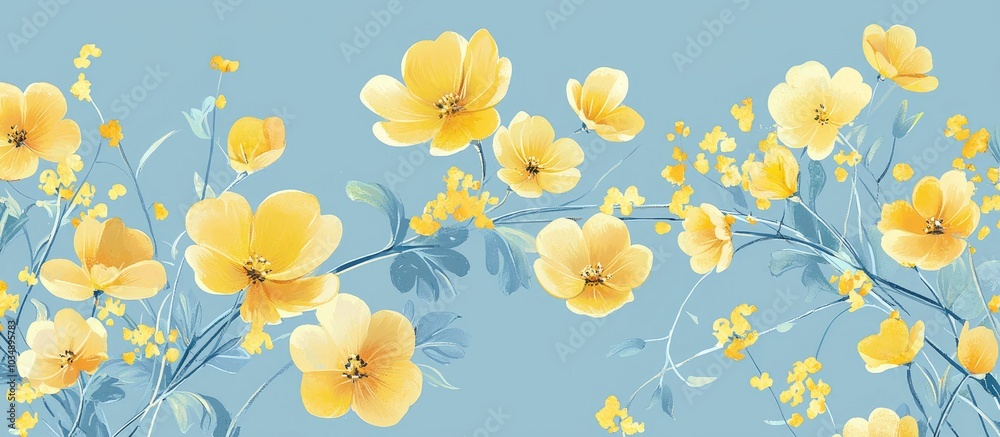 Ornament Of Yellow Flowers On A Blue Background Ornament Of Yellow Flowers On A Blue Background