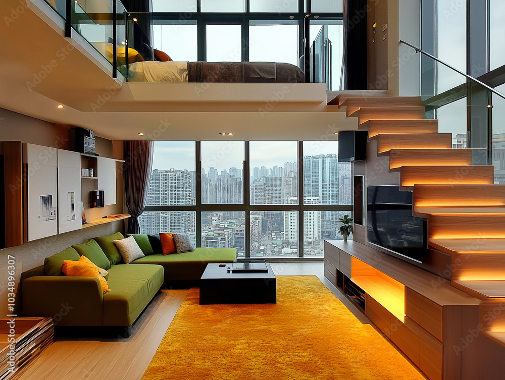 Moderne Maisonette, Loft, Küche, Schlafzimmer im Obergeschoss, Wohnzimmer mit schöner Aussicht auf die Stadt, grünes Sofa, Fernseher, Treppe an der Seite, orange-gelber Teppich, moderne Wand Moderne Maisonette, Loft, Küche, Schlafzimmer im Obergeschoss, Wohnzimmer mit schöner Aussicht auf die Stadt, grünes Sofa, Fernseher, Treppe an der Seite, orange-gelber Teppich, moderne Wand