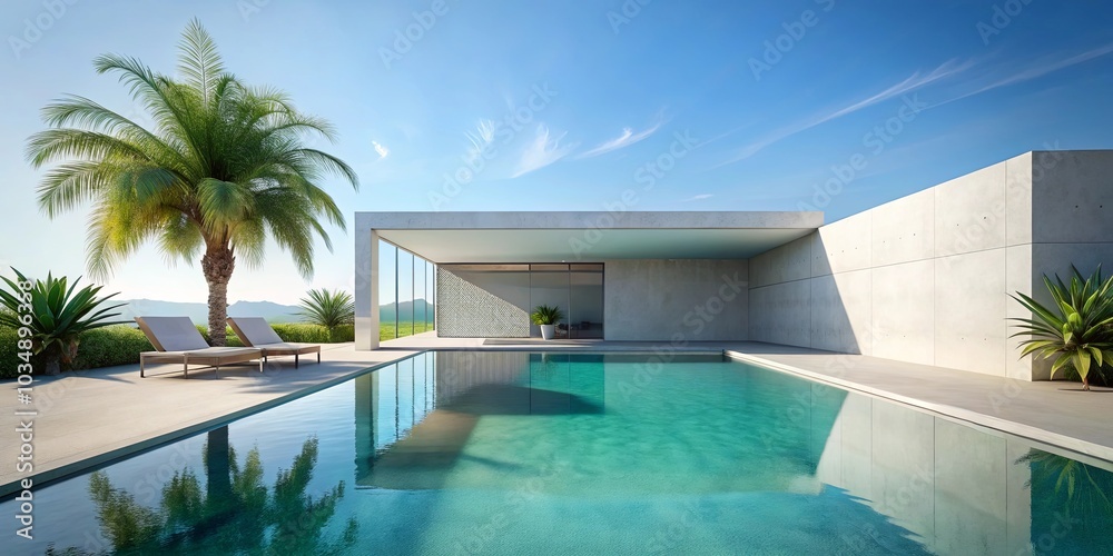 Fototapeta premium A modern architectural retreat with a pristine pool reflecting the blue sky and lush greenery