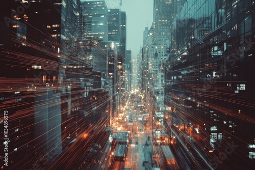 A long exposure shot of a city street at night, with streaks of light from moving cars and traffic.