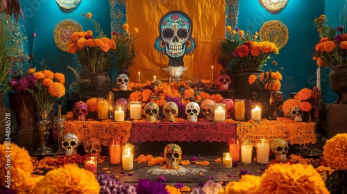 Create a vibrant and festive image celebrating the Day of the Dead, featuring intricately decorated altars adorned with colorful marigolds, sugar skulls, and candles, set against a lively backdrop