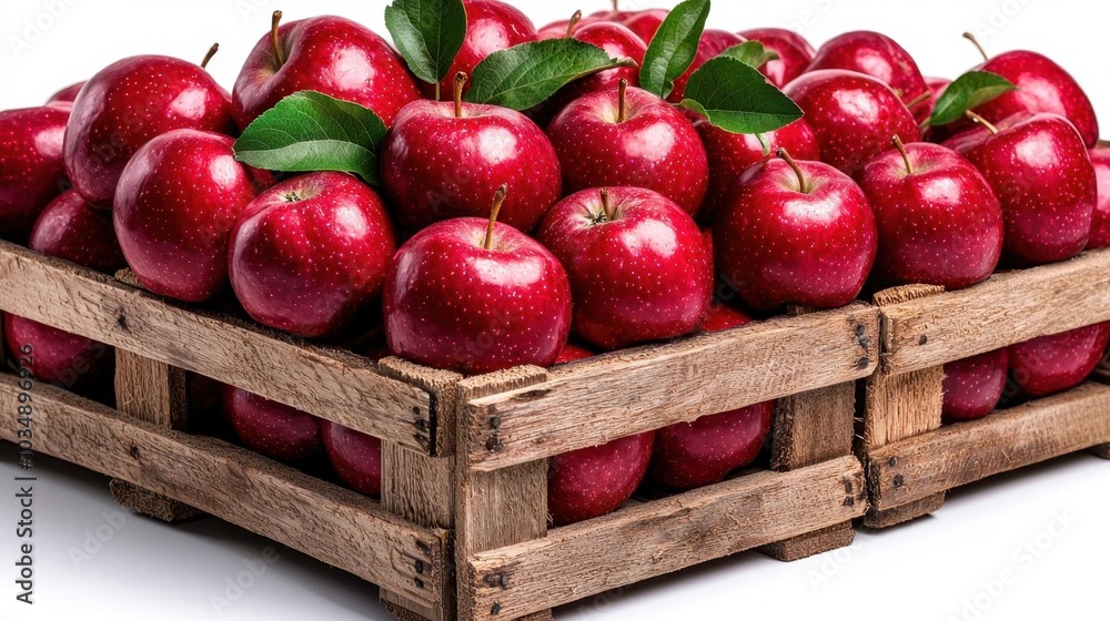 A photostock images of fresh apples in wooden crates, isolated on white background, High Quality