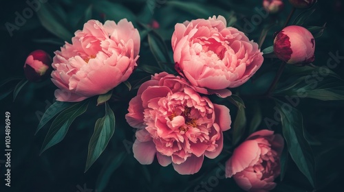 Fototapeta Naklejka Na Ścianę i Meble -  Stunning arrangement of pink peonies in a floral design against a dark backdrop