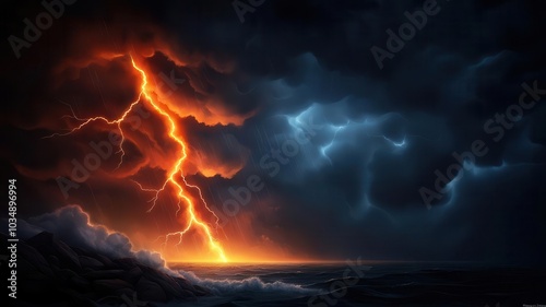 Cliffside during a thunderstorm, with lightning striking in the distance and rain pouring down onto the ocean and rocks