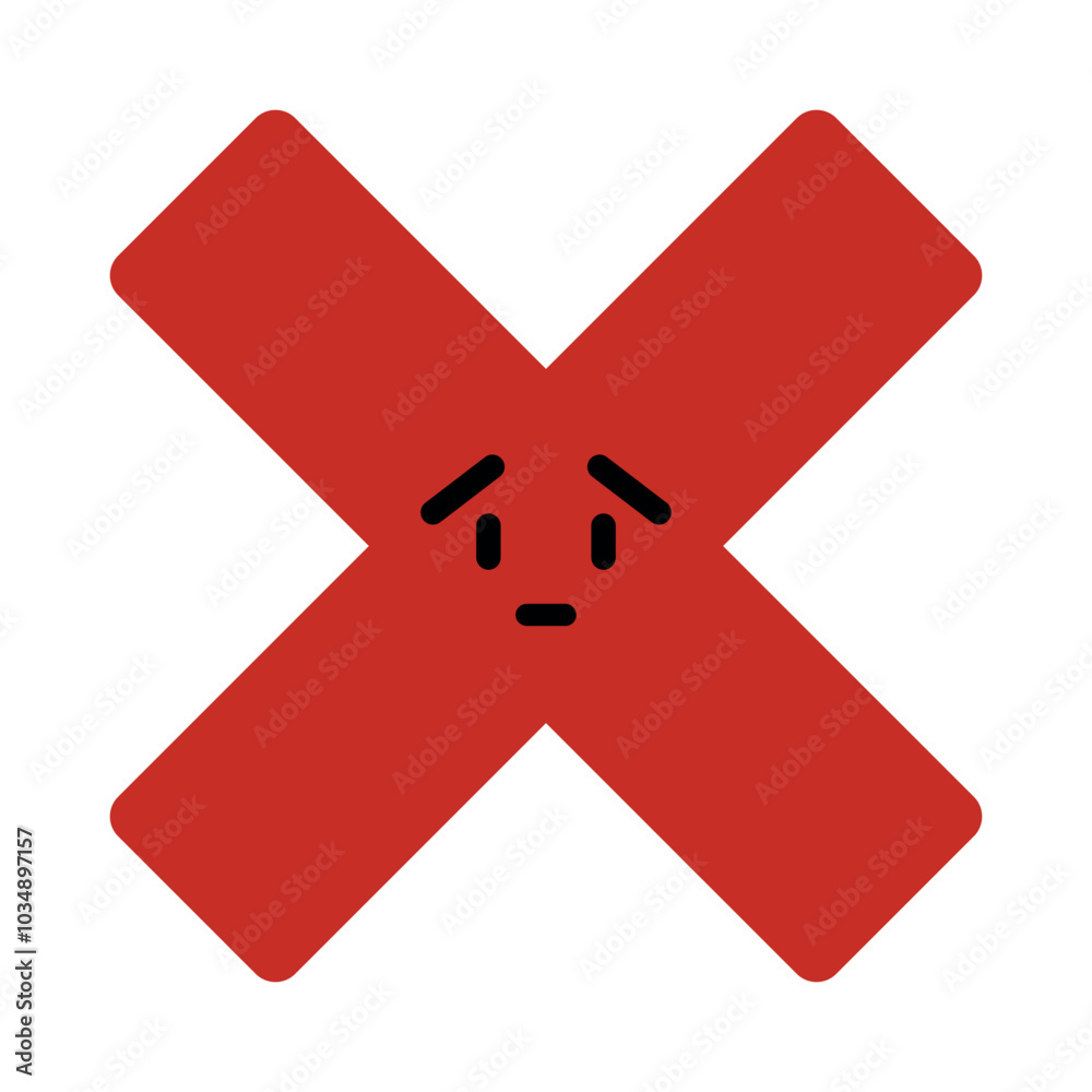 Obraz premium Red cross icon with a sad smiley face. Wrong decision, disagreement. Close, cancellation, wrong and reject symbol.