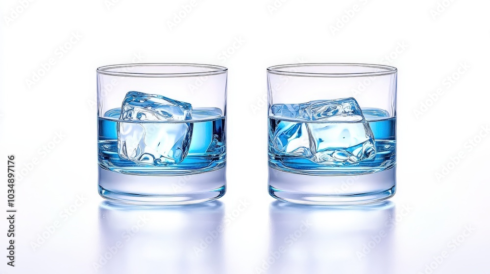 A pair of minimalist tumbler glasses, symmetrically placed, their clean and functional design showcased on a bright white surface. A pair of minimalist tumbler glasses, symmetrically placed, their clean and functional design showcased on a bright white surface.