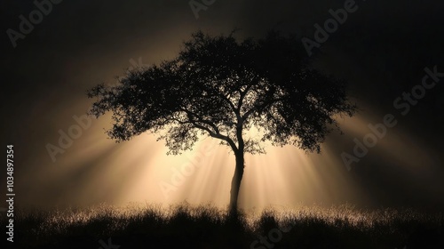 Silhouette of a tree illuminated by sun rays in the background High quality image