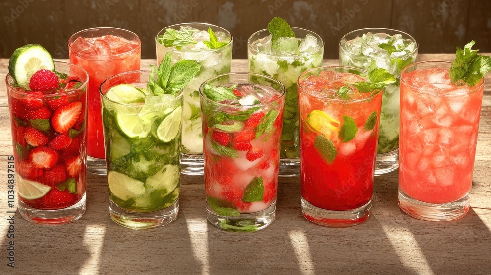 An assortment of cocktails, featuring a variety of vibrant colors and garnishes, from mojitos to margaritas, displayed on a modern bar with ambient lighting. An assortment of cocktails, featuring a variety of vibrant colors and garnishes, from mojitos to margaritas, displayed on a modern bar with ambient lighting.