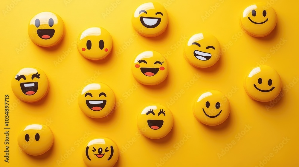 Smiling emoji characters on a vibrant yellow backdrop Smiling emoji characters on a vibrant yellow backdrop