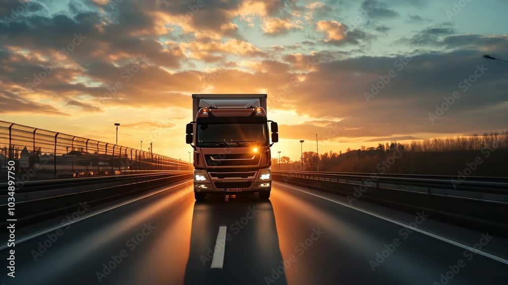 A large semi truck is driving down a highway at sunset A large semi truck is driving down a highway at sunset