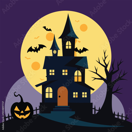 A halloween house with bats and a full moon - Generative AI