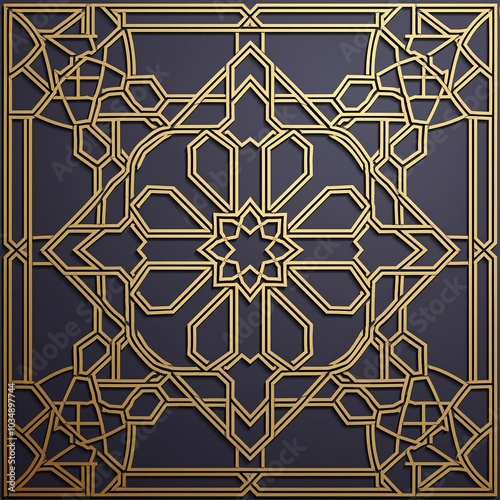 Islamic ornament with golden-lined geometric tiles, creating an abstract background with Arabic-inspired design.