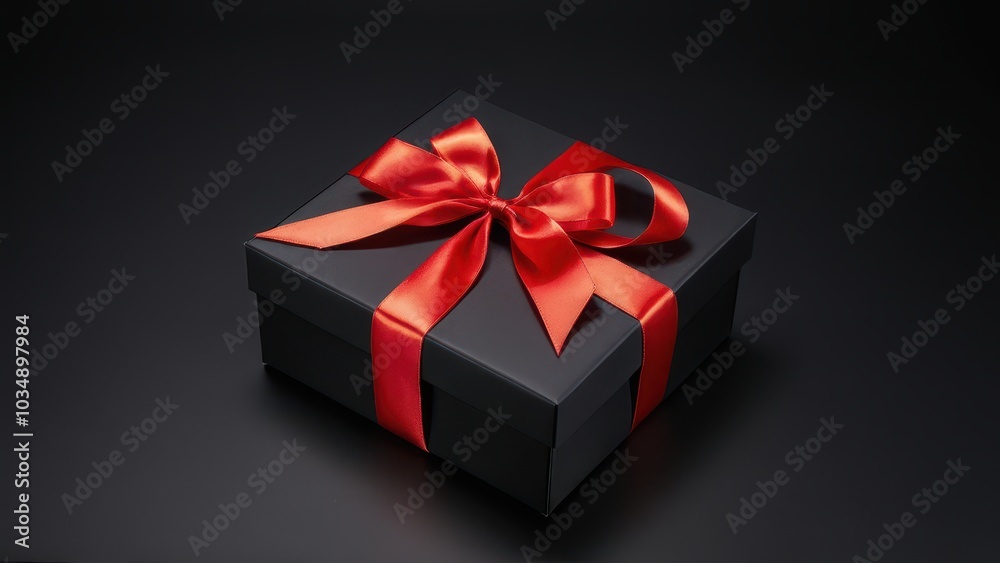 Elegant Black Gift Box with Red Ribbon. A sleek black gift box with a vibrant red satin ribbon bow, set against a dark background. Perfect for festive, luxury, or promotional designs