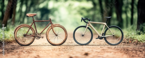Side-by-side comparison of an old, rusted bicycle next to a brand-new, sleek racing bike, on a dirt path Perfect for fitness, transportation, or lifestyle content