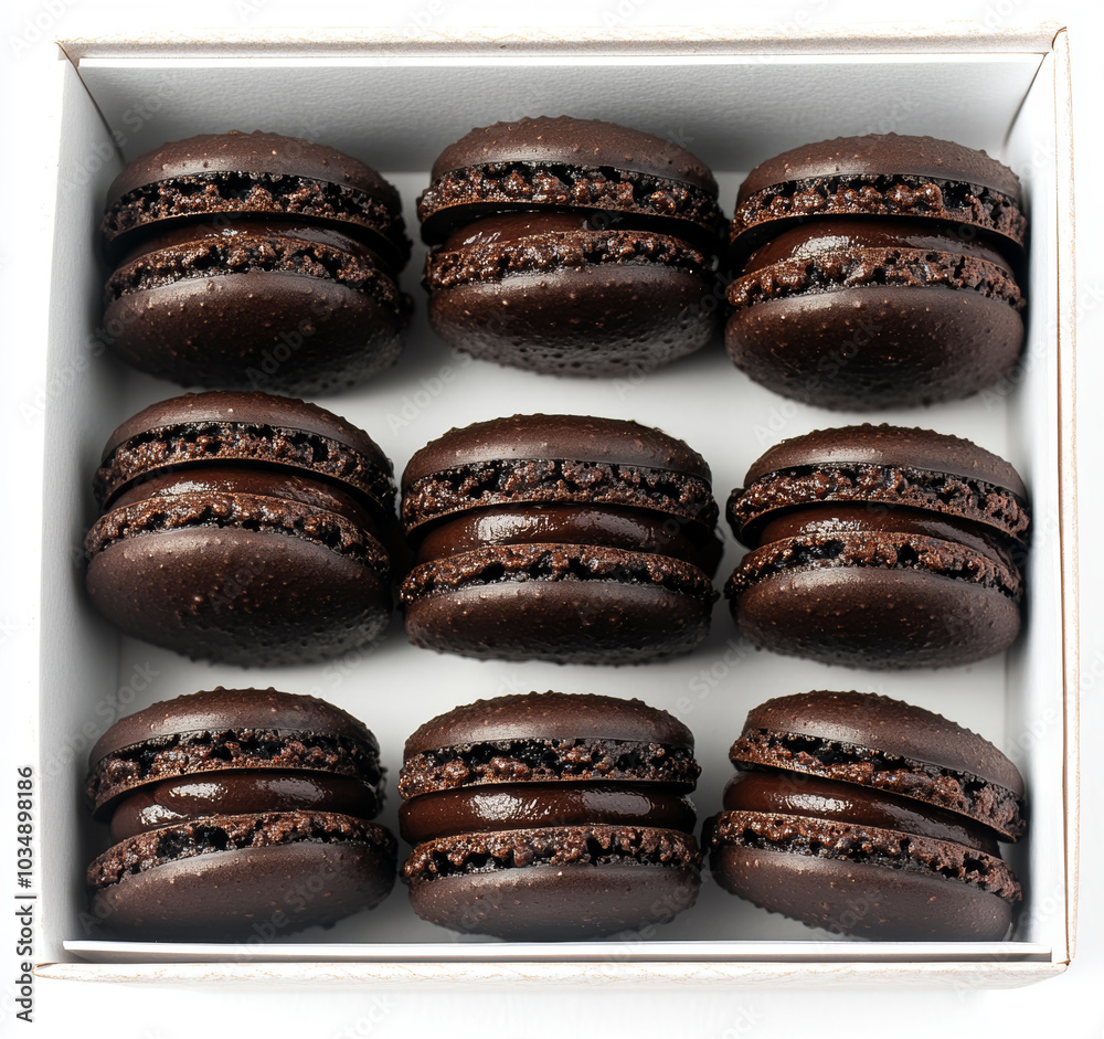 Box of Dark Chocolate Macarons with Rich Ganache. A box of luxurious dark chocolate macarons filled with smooth ganache, offering a decadent dessert perfect for chocolate lovers and special occasions. Box of Dark Chocolate Macarons with Rich Ganache. A box of luxurious dark chocolate macarons filled with smooth ganache, offering a decadent dessert perfect for chocolate lovers and special occasions.