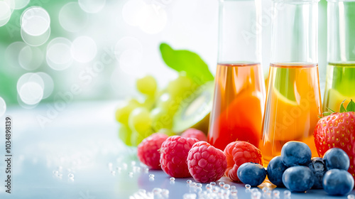 Three glass test tubes filled with vibrant fruit-infused drinks are placed on a well-lit table, surrounded by fresh strawberries, blueberries, and raspberries, creating a refreshing display photo