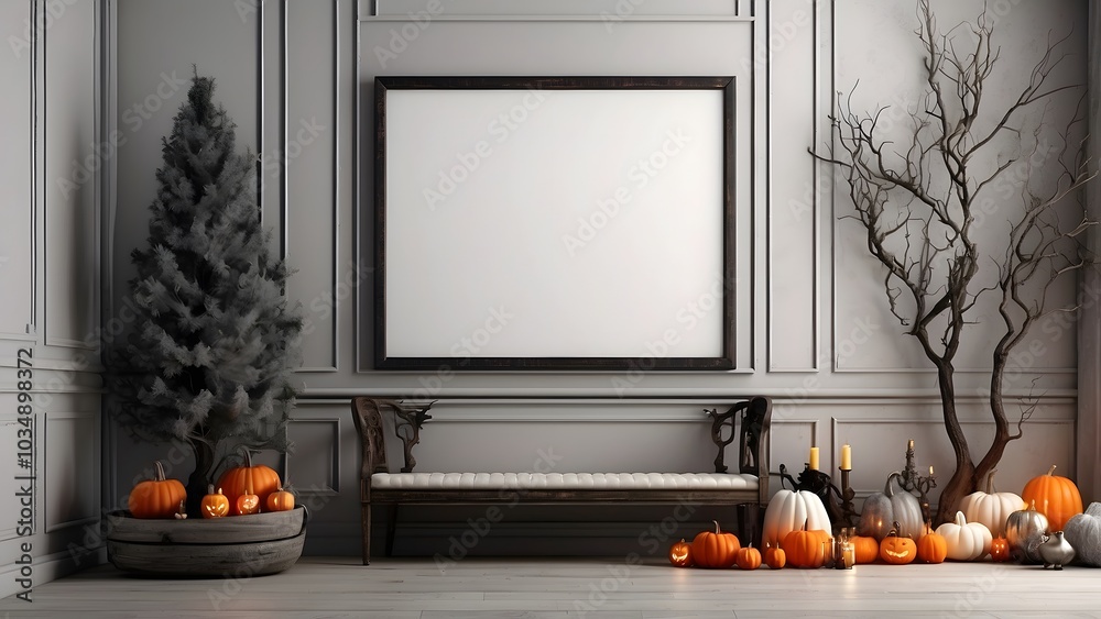 Obraz premium Modern minimalist wall art mockup of home entrance for Halloween theme, blank frame for horizontal wall art mockup of living room, Halloween and Christmas spooky scary vibes of the room interior desig