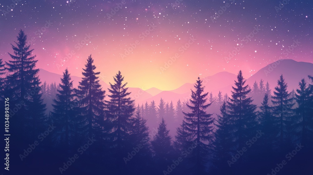 Night sky with galaxy over pine forest silhouette
Night sky with galaxy over pine forest silhouette