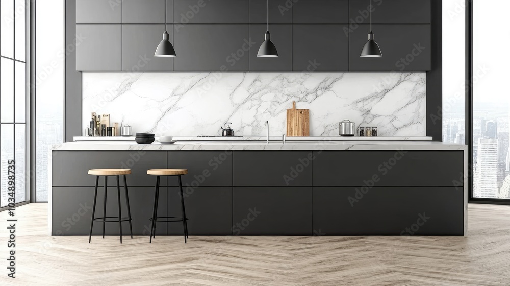 Bright, modern Nordic kitchen with minimalist design, marble backsplash, and natural light flowing through the large windows. Sleek and functional. Bright, modern Nordic kitchen with minimalist design, marble backsplash, and natural light flowing through the large windows. Sleek and functional.