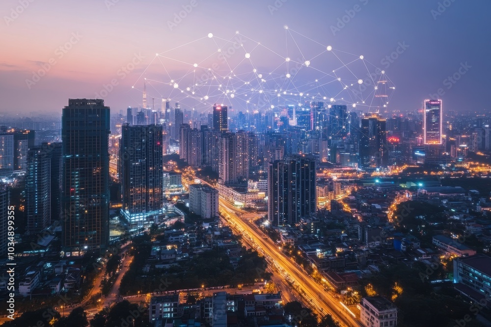 A panoramic view of a modern city skyline at dusk, with a network of glowing lines connecting the buildings, symbolizing connectivity and urban development. A panoramic view of a modern city skyline at dusk, with a network of glowing lines connecting the buildings, symbolizing connectivity and urban development.