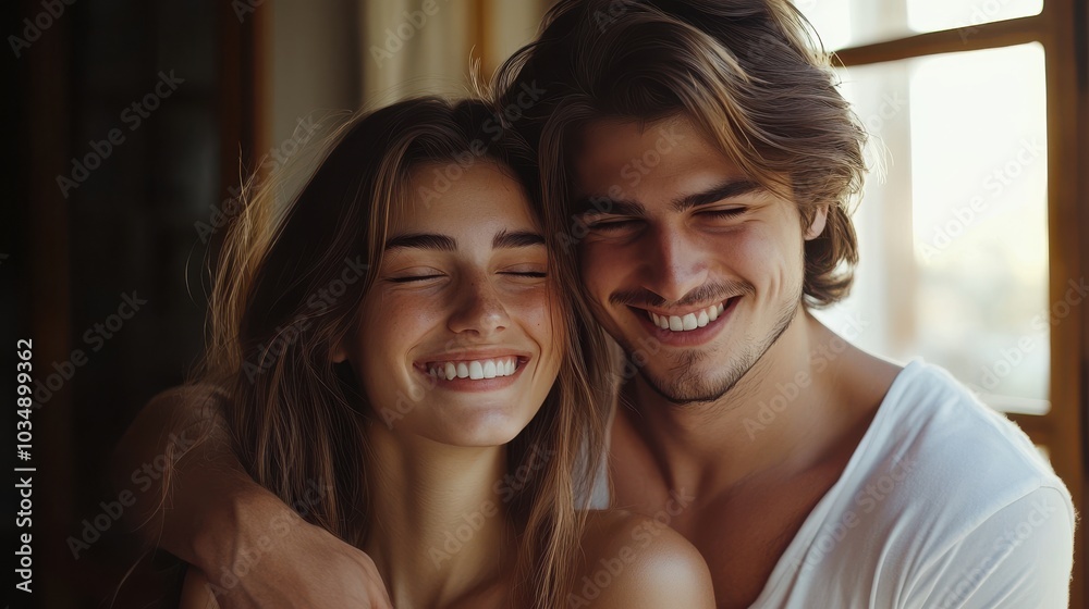 Smiling couple embracing in soft natural light
Smiling couple embracing in soft natural light