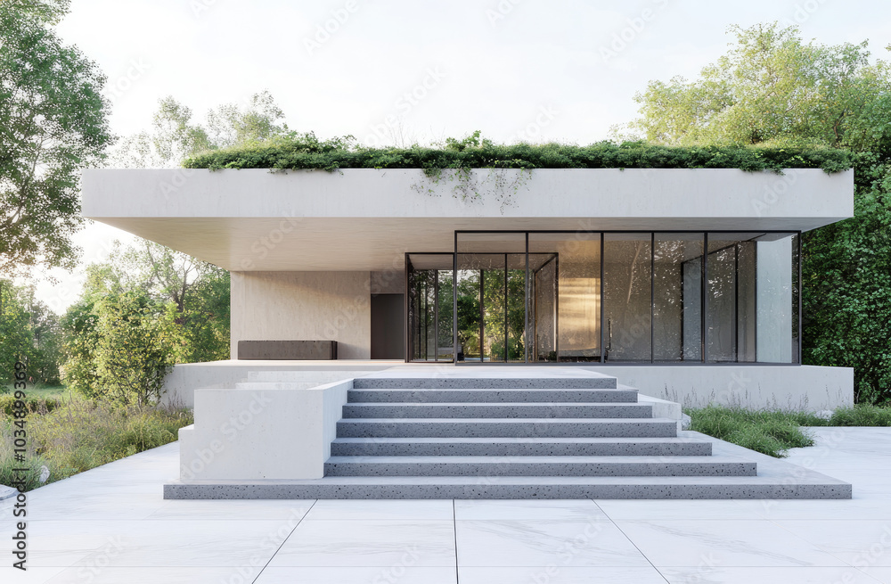 Modern house exterior design, with white concrete walls, glass windows and doors, a green roof with plants on the top floor, an entrance decorated with gray decorative stones in front of it Modern house exterior design, with white concrete walls, glass windows and doors, a green roof with plants on the top floor, an entrance decorated with gray decorative stones in front of it