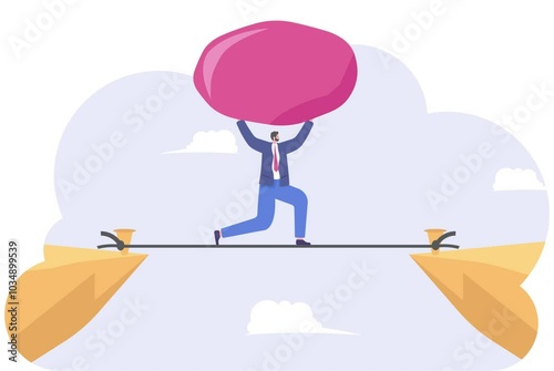 businessman carry rocks on rope, Crossing the edge of rock gap, Burden concept,


