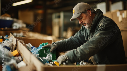 Man sorts through different types of trash in a box. A recycling symbol is shown,highlighting the importance of waste separation.İmage emphasizes eco-friendly practices and protecting the environment.