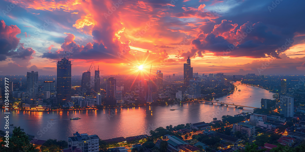Fototapeta premium Background Illustration sunset over the river