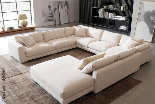 Low profile Sectional Sleek ground level couches in neutral fabr photo