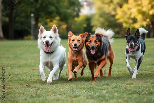 Dogs playing together A group of dogs running and playing in a p