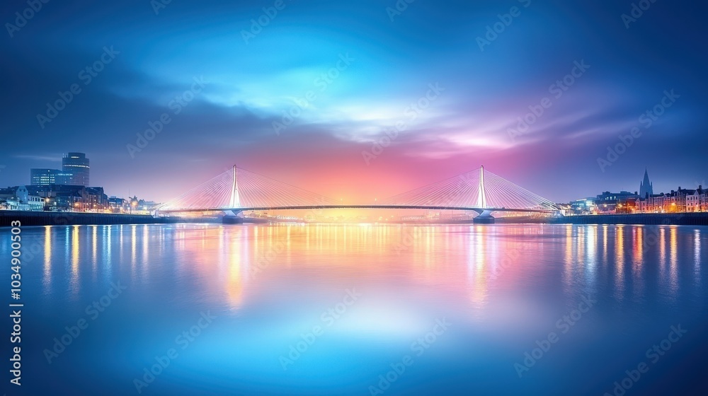 Fototapeta premium City Bridge at Night: A beautifully lit bridge over a river, connecting two sides of the vibrant city, with reflections of lights dancing on the water.